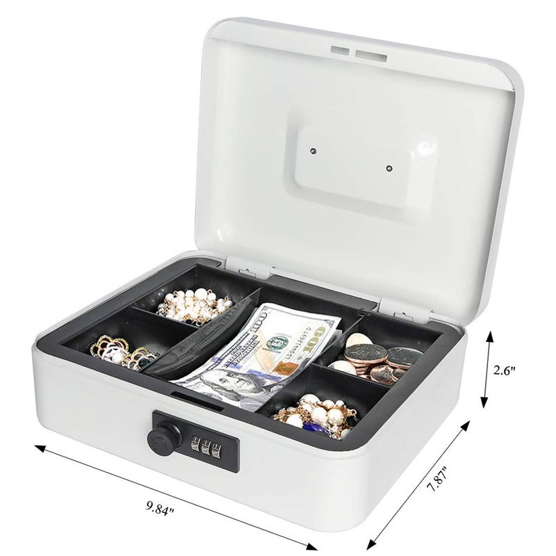 Jssmst Large Cash Box with Combination Lock â€“ Durable Metal Cash Box with Money Tray white(9.8 x 7.9 x 3.5), SM-CB07005L - Image 5